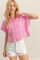 Lightweight Eyelet Button Down Short Sleeve Shirt HYFVE Pink S